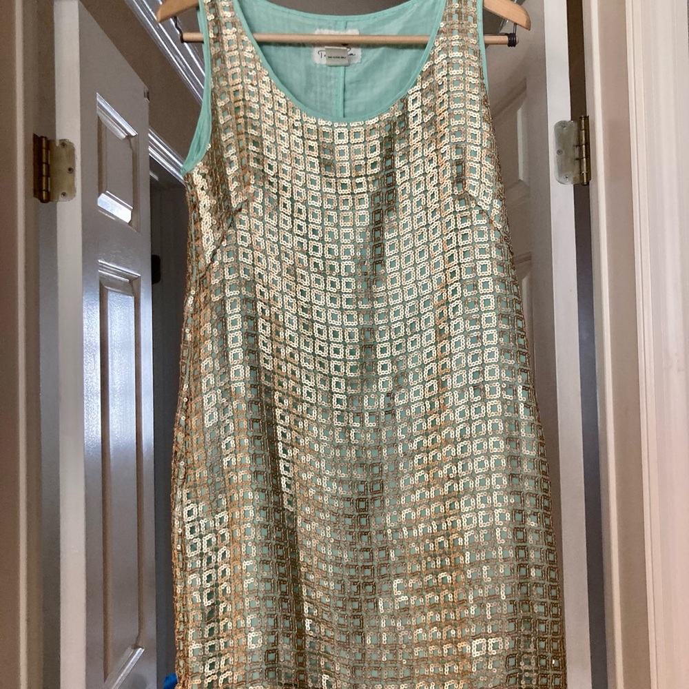 Anthropologie | Tabitha Golden Pane Shift Sequin Grid Overlay Mint Green Sz 6 - Picture 11 of 16